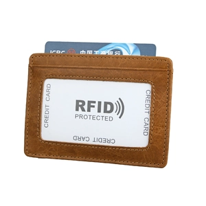 Brown textured leather RFID blocking business card holder with clear ID window and card slots