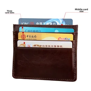 Detail of dark brown leather RFID card holder featuring four slim slots and precise stitching