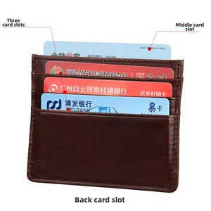 Detailed view of the dark brown leather RFID card holder showing stitching and slots