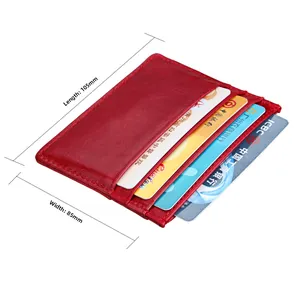 Macro view of red leather RFID wallet measuring 105mm by 85mm with multi card slots