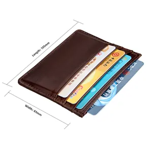 Detail view of a slim dark brown leather RFID card holder with multiple card slots