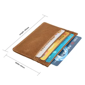 Detailed view of brown leather RFID card holder with multiple slots and 105mm x 85mm dimensions