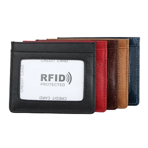 Detailed stacked view of RFID protected genuine leather card holders in five colors