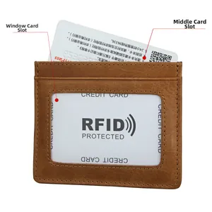 Detail of RFID leather card wallet featuring a clear ID window and central slot compartment