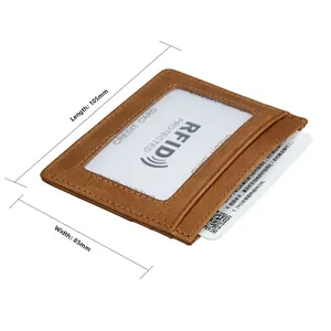Brown litchi leather RFID card holder with a clear ID window and multiple slots