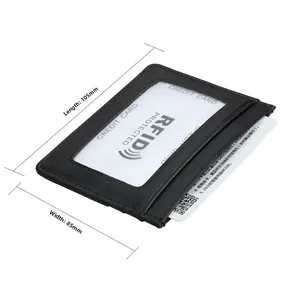 Macro detail of slim RFID leather card holder with ID window measuring 105mm by 85mm