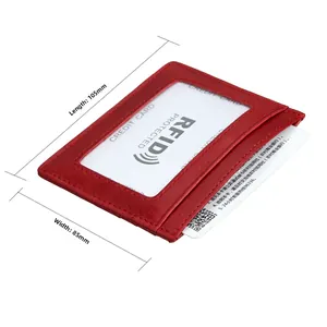 Slim red leather RFID credit card holder with dimensions 105mm by 85mm