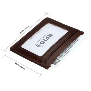 Detailed close-up of dark brown leather RFID wallet with 105mm by 85mm size dimensions