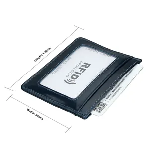 Close-up of navy leather RFID wallet showing card slots and precise edge stitching