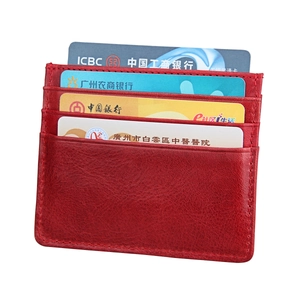 Vertical red genuine leather RFID business card holder with multiple slots and stitching