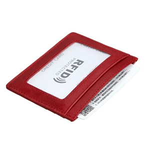 Minimalist red leather RFID blocking wallet with clear ID window and credit card slots