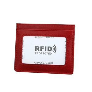 Slim red leather RFID blocking wallet with clear ID window and credit card slots