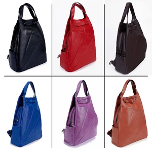 Litchi texture cowhide leather backpack showing six available colors and side zipper details