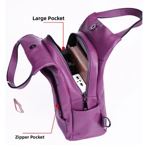 Detailed interior of purple leather backpack showing large main pocket and zipper compartments