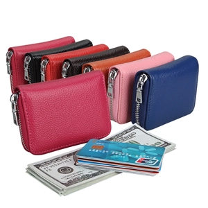 Litchi grain leather card holders in various colors with secure metal zippers
