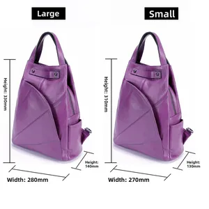 Size comparison chart for large and small burgundy top grain leather backpacks with dimensions