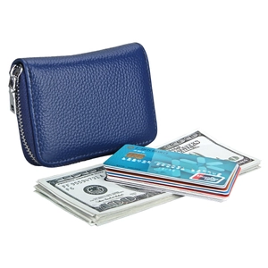 Detail view of compact RFID leather card holder showing spacious slots for cards and cash