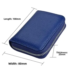 Blue leather card holder with RFID protection and dimensions 108mm x 80mm x 25mm