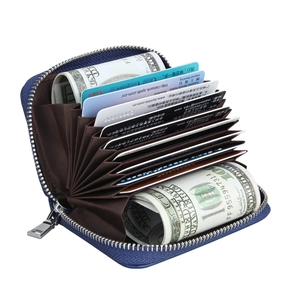 Blue leather accordion card wallet with RFID protection and multiple credit card slots