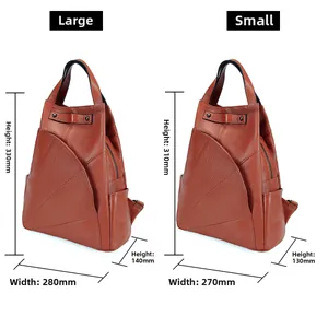 Size comparison chart for brown leather backpack in large and small dimensions