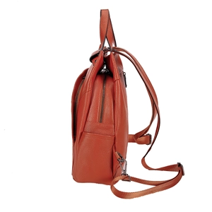 Side view of orange leather backpack showing dual zippers and adjustable straps