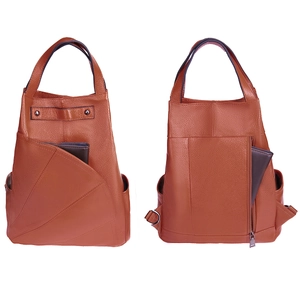 Detailed views of brown lychee leather backpack showing large capacity and zipper pockets