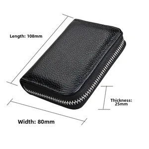 Macro detail of black lychee leather RFID card holder with a silver metal zipper