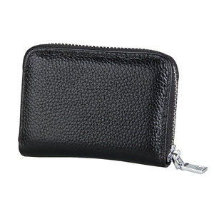 Detailed view of black genuine leather card holder with RFID lining and metal zipper