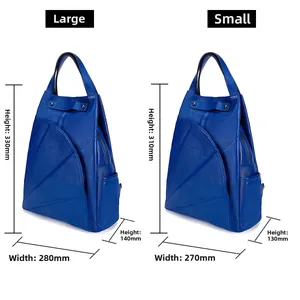 Detailed size comparison chart showing dimensions for large and small blue leather backpacks