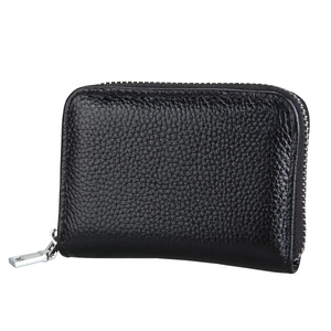 Close-up of black lychee grain leather RFID card holder with silver metal zipper closure