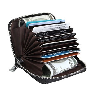 Detail view of genuine leather accordion wallet with RFID layers and metal zipper
