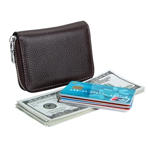 Detail view of brown leather accordion wallet with RFID protection and silver zipper
