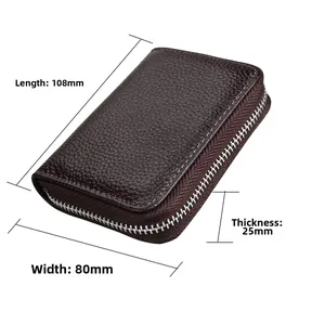 Detailed dimensions of brown pebble leather RFID card wallet 108mm x 80mm x 25mm