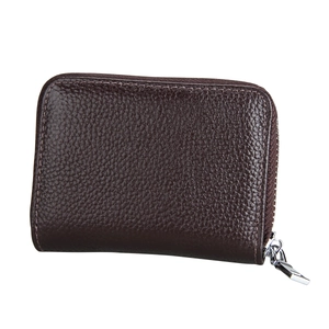 Close-up of the dark brown lychee pattern leather and neat stitching on the zipper card case