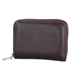 Detail of dark brown litchi grain leather texture on RFID blocking credit card wallet