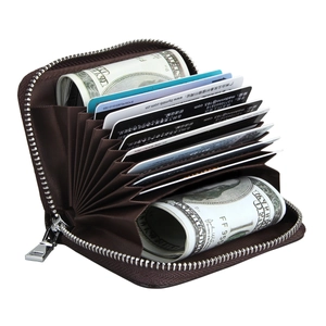 Detail of RFID leather accordion card holder showing large capacity for cards and cash