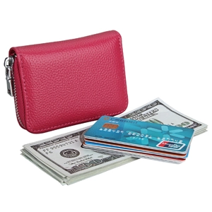 Pink lychee texture leather accordion wallet with RFID blocking and silver zipper detail
