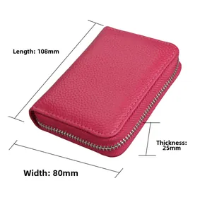 Rose red leather RFID card holder dimensions 108mm by 80mm with metal zipper detail