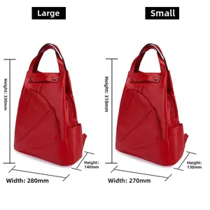 Size comparison of large and small red lychee grain leather backpacks on white background