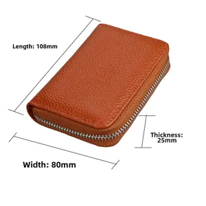 Detailed size specifications for orange pebbled leather accordion card holder with metal zipper