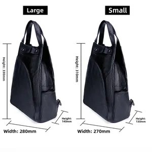 Size comparison chart for large and small black lychee grain leather backpacks