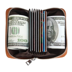 Detail of leather accordion card holder with RFID protection and multi-slot interior