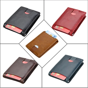 Multiple colors of genuine leather RFID wallets showcasing card slots and stitching details