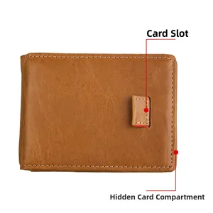 Genuine leather wallet featuring a pull strap and hidden card slot for RFID protection