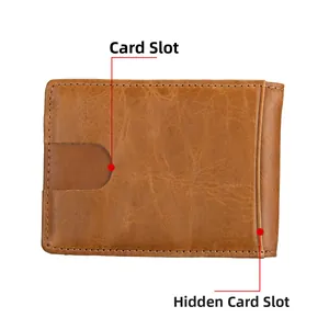Detailed view of genuine leather wallet showing quick-access card slot and hidden compartment