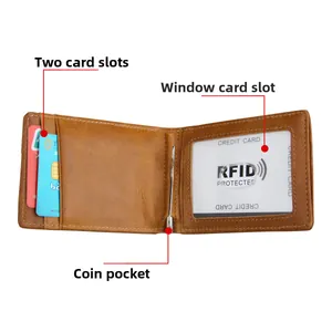 Interior detail of leather RFID wallet featuring two card slots and a metal money clip