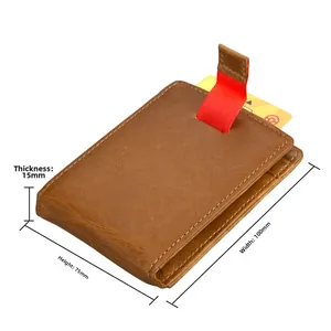 Detailed view of genuine leather card holder with pull-tab and dimensions 100x75x15mm