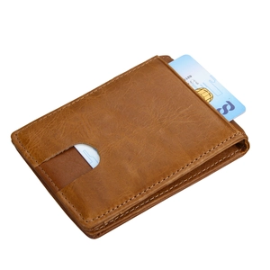 Detail showing genuine leather RFID wallet with card slots and reinforced stitching