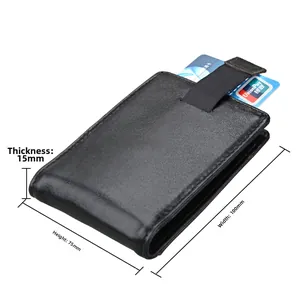 Detailed view of black leather RFID wallet dimensions measuring 100x75x15mm with pull tab