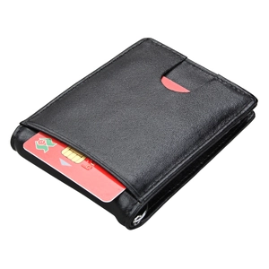 Detail of black leather RFID wallet showing card slot with red card and metal ring